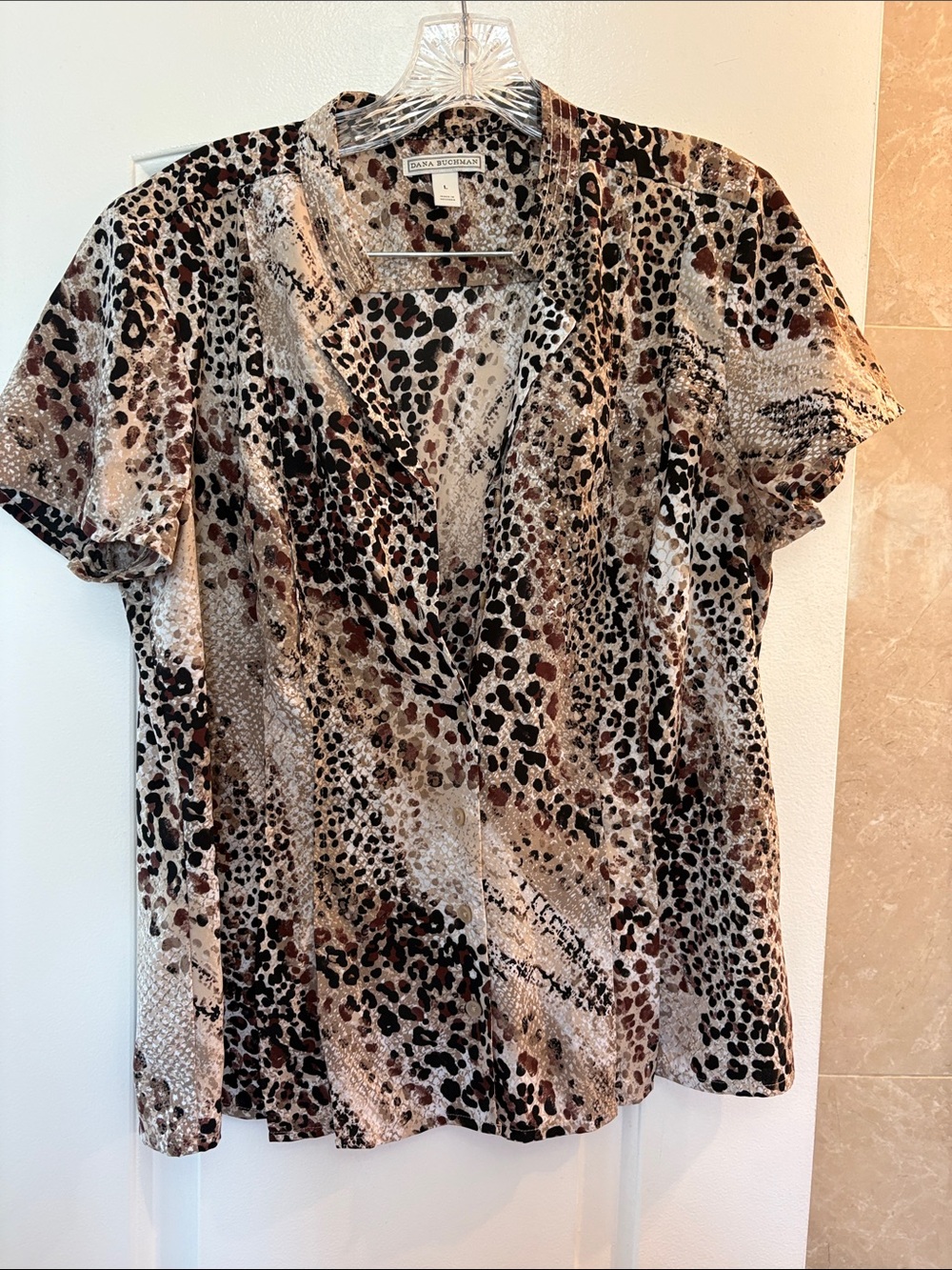 Dana Buchman Brown Beige Black Animal Print V-Neck Blouse